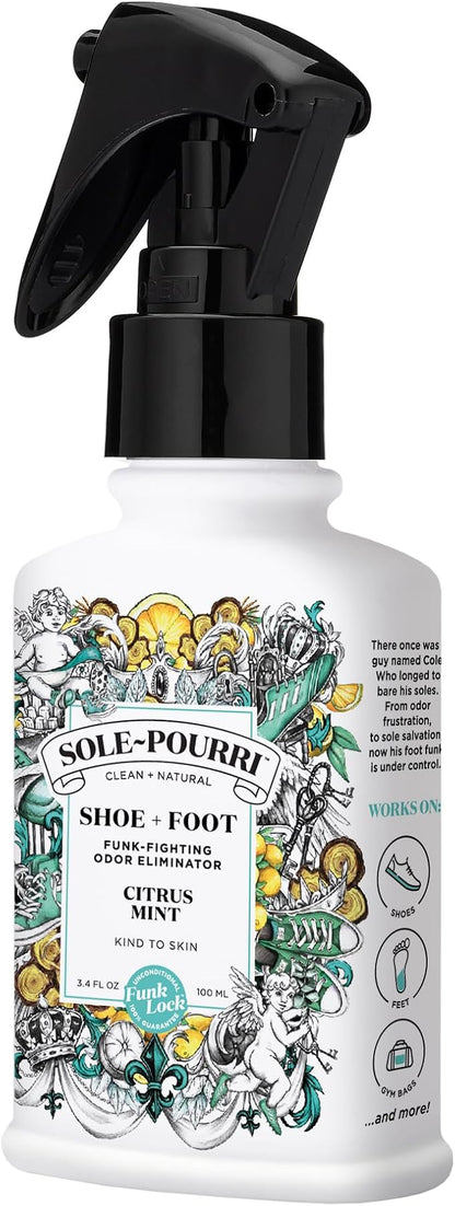 Sole-Pourri Shoe Deodorizer + Foot Spray,3.4 Fl Oz,Up to 150 Uses,Funk-Fighting Odor Freshener with Essential Oils,for Smelly Shoes,Feet & Gym Bags,Citrus & Mint Scent,(Pack of 2)