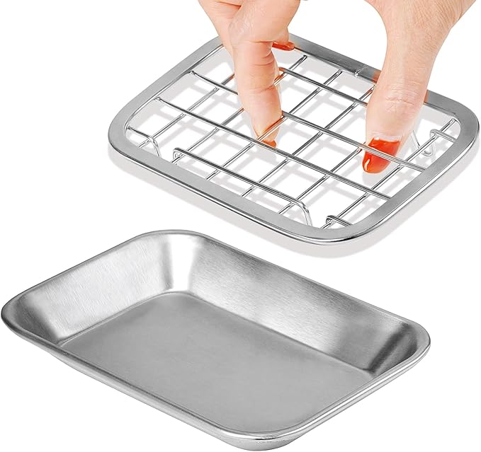 SheeChung Kitchen and Bathroom Soap Dish Tray - Metal Soap Dish Tray with Drainage Grid and Holder for Kitchen Sink Countertops to Store Soap, Sponges, Scrubbers - Rust Resistant (1 Pack, Silver)