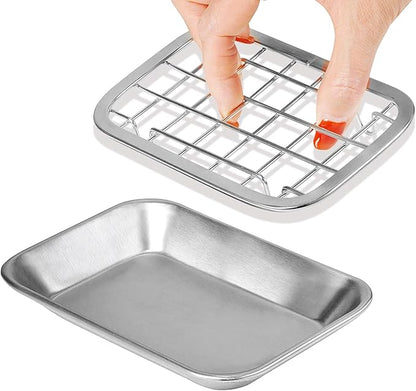 SheeChung Kitchen and Bathroom Soap Dish Tray - Metal Soap Dish Tray with Drainage Grid and Holder for Kitchen Sink Countertops to Store Soap, Sponges, Scrubbers - Rust Resistant (1 Pack, Silver)