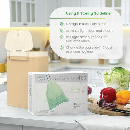 Home Zone Living 13 Gallon Compost Kitchen Trash Bags with Drawstring Handles, BPI-Certified Eco Friendly, Heavy Duty Custom Fit for 50L Recycling Trash Can Liner, Code 45S, 60 Count, Green