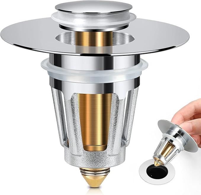 Bathroom Sink Stopper with Hair Catcher –for 1.1-1.5 Inch Bullet Core Push Type Basin Pop Up Drain Filter, Anti-Clog Basin Stopper,No Overflow with Basket Hair Catcher Silver