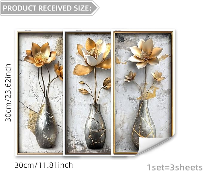 Runtoo 3D Flower Wall Art Stickers Gold Floral Vase Wall Decals Peel and Stick Living Room Bedroom Office Home Decor