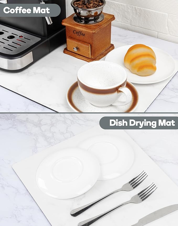SUEH DESIGN Coffee Mat, Absorbent Dish Drying Mat 19.6 x 11.8 in Quick Dry Coffee Mat Large Drying Mats for Kitchen Counter Coffee Bar, Marble White