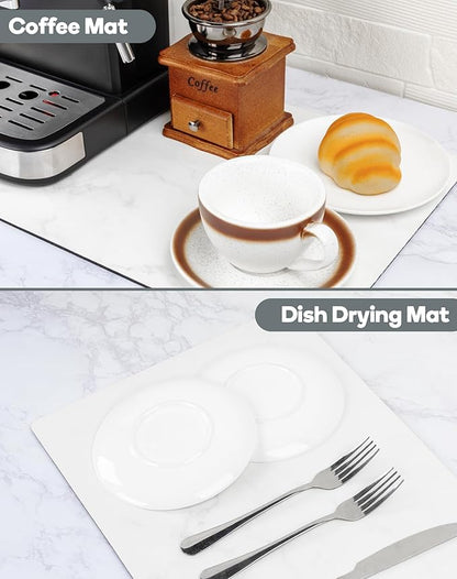 SUEH DESIGN Coffee Mat, Absorbent Dish Drying Mat 19.6 x 11.8 in Quick Dry Coffee Mat Large Drying Mats for Kitchen Counter Coffee Bar, Marble White