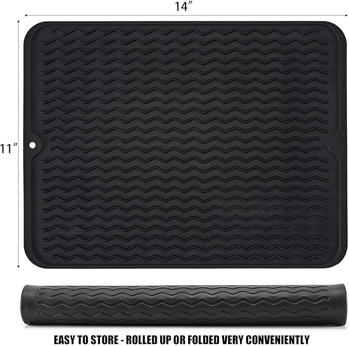 Large 14" x 11" Silicone Dish Drying Mat for Kitchen Counter, Easy clean, Quick Dry, Heat-resistant Dish Drainer Mat for Sink,Refrigerator or Drawer liner (Food Grade Silicone-Black)