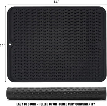 Large 14" x 11" Silicone Dish Drying Mat for Kitchen Counter, Easy clean, Quick Dry, Heat-resistant Dish Drainer Mat for Sink,Refrigerator or Drawer liner (Food Grade Silicone-Black)
