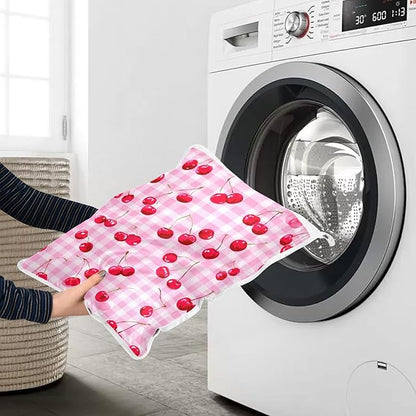 Mesh Laundry Bags Lingerie Bags for Washing Delicates 2 PCS Durable Wash Bag with Zipper Small and Medium Washable Pink Juicy Checkered Cherry
