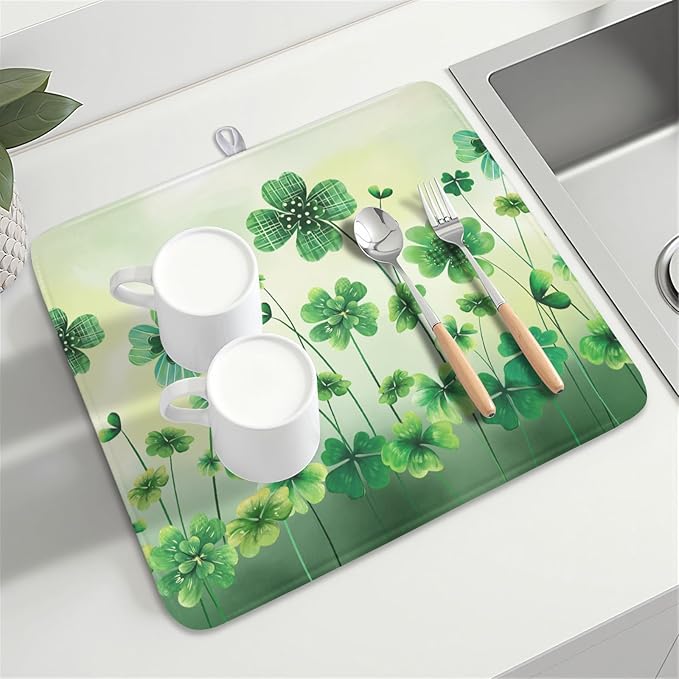 St Patrick's Day Dish Drying Mat for Kitchen Counter Green Lucky Shamrock Pattern Drying Mat 16x18 Inch Spring Holiday Absorbent Dish Drainer Mat Kitchen Accessories