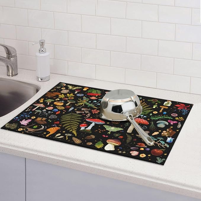 Mushroom Dish Drying Mat Witchy Home Decor For Kitchen Microfiber Absorbent Reversible Dish Pad Draining Mats For Countertop Coffee Mats 18x24 Inch