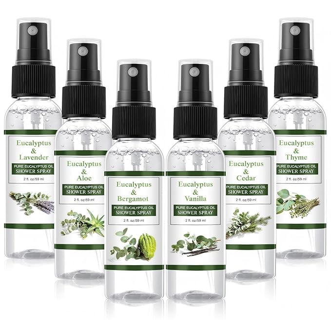 Frienda 6 Pack Eucalyptus Shower Spray with Essential Oils Portable Travel Eucalyptus Blends Mist Spray for Spa and Sauna Steam Room Aromatherapy for Women Teacher Staff Employee Thank You Gifts 2oz