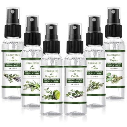 Frienda 6 Pack Eucalyptus Shower Spray with Essential Oils Portable Travel Eucalyptus Blends Mist Spray for Spa and Sauna Steam Room Aromatherapy for Women Teacher Staff Employee Thank You Gifts 2oz