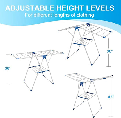 Drying Rack Clothing, Clothes Drying Rack Foldable, Includes 24 Clothespins, Space-Saving Free-Standing, 2 Height-Adjustable Gullwings, Indoor Outdoor Use