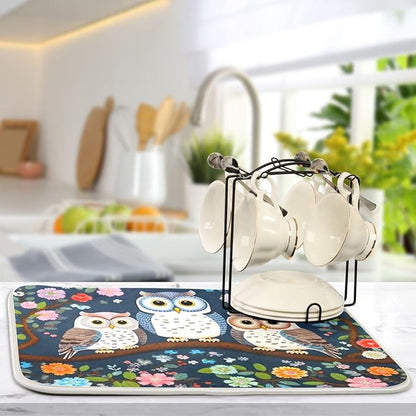 Dish Drying Mat Kitchen Counter Absorbent Three Owls Coffee Sink Mat Dish Drainer Pad 18 Inch x 24 Inch