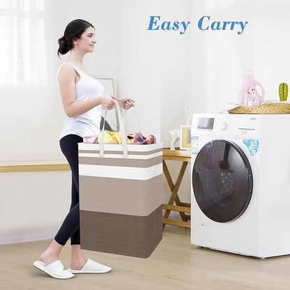 BlissTotes 3-Pack Laundry Basket, Freestanding＆Waterproof Laundry Hamper, Collapsible Tall Clothes Hamper with Easy Carry Handles for Clothes, Towels in the Family and Dorm,Gradient Khaki,100L