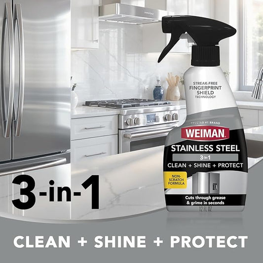 Weiman Stainless Steel Cleaner & Polish Kit, 3 Piece - Spray, Wipes & Cloth, Anti-Fingerprint, Removes Grease, Water Spots, Streaks & Residue, Polishing Cleaner Safe for Appliances, Sinks & Grills