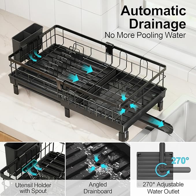 GSlife Expandable Dish Drying Rack with Drainboard, Compact Rustproof Dish Rack for Kitchen Counter, Ultra-Sturdy Space Saver with Cup Holder for Small Apartment,12.2" W x 12"-20.5" L, Black