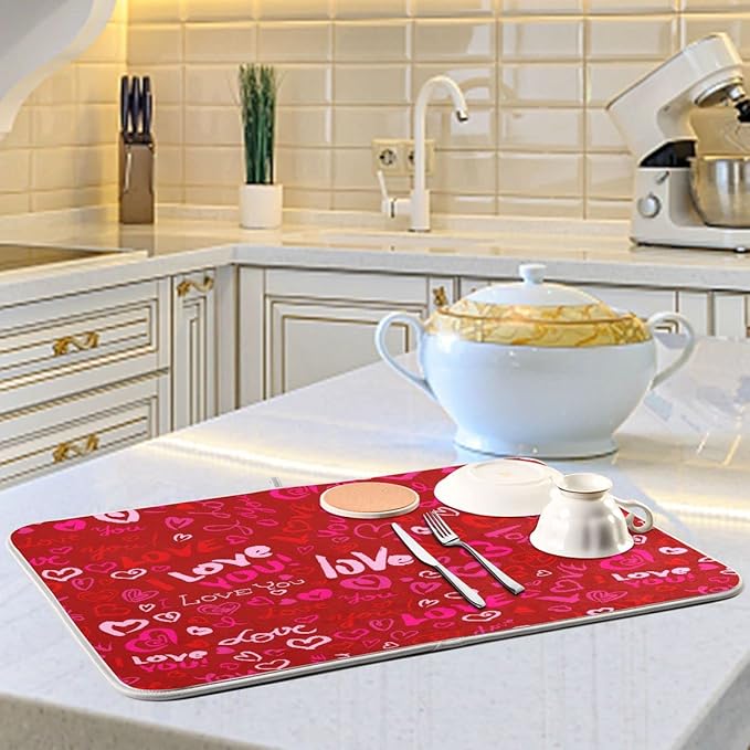 Happy Valentine's Day Dish Drying Mat for Kitchen Red Pink Heart Love Words Microfiber Drying Mats Absorbent Reversible Dish Pad Large Dish Draining Mat 18x24 inch