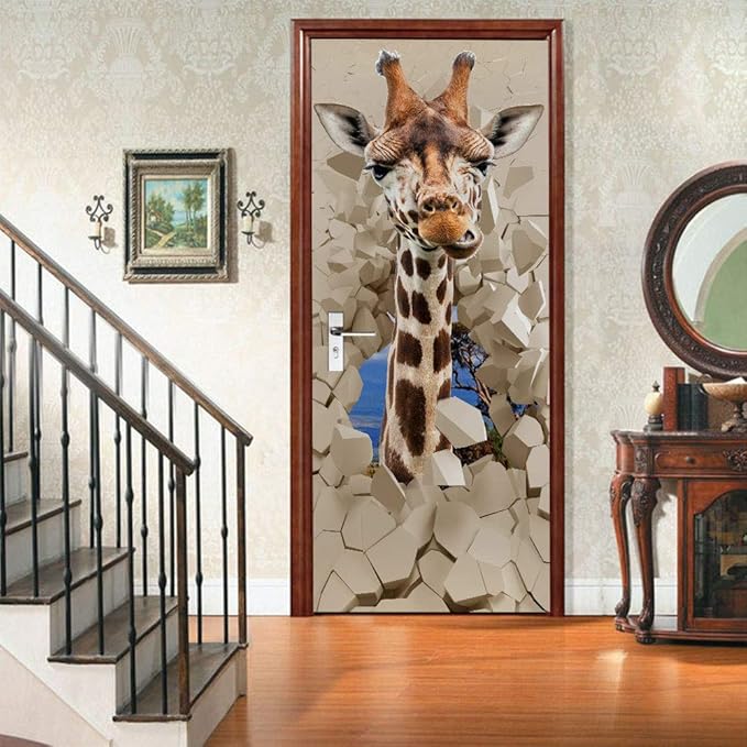 Door Wallpaper Self-Adhesive Poster 3D Picture Giraffe Film Photo Wallpaper Premium PVC Waterproof Wall Sticker for Bedroom Living Room Decoration Stickers 95 x 215 cm