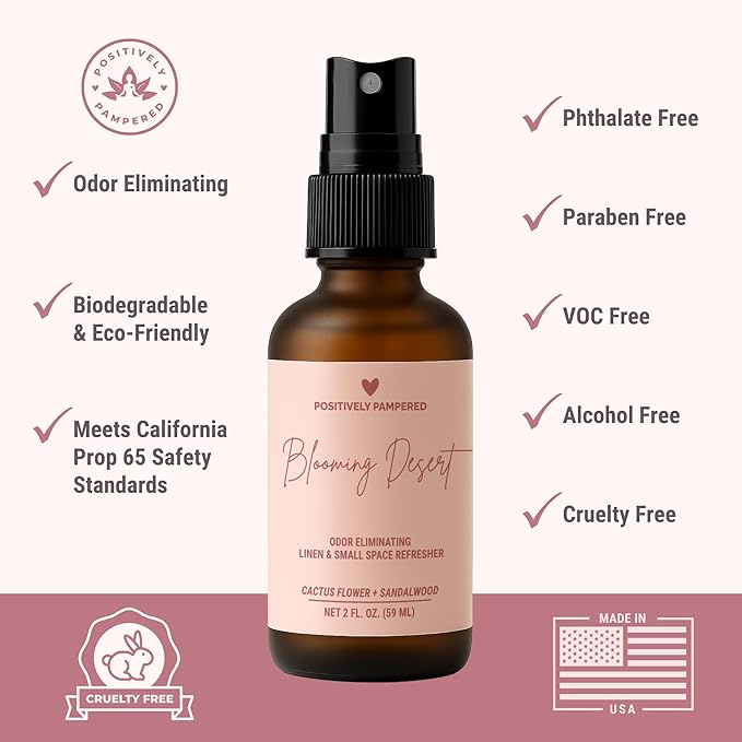 Blooming Desert Luxury Small Space Air & Linen Freshener Spray - Cactus Flower + Sandalwood - Designer-Inspired Home Fragrance - Non Toxic Odor Eliminator - 2 oz Travel Size Room Spray
