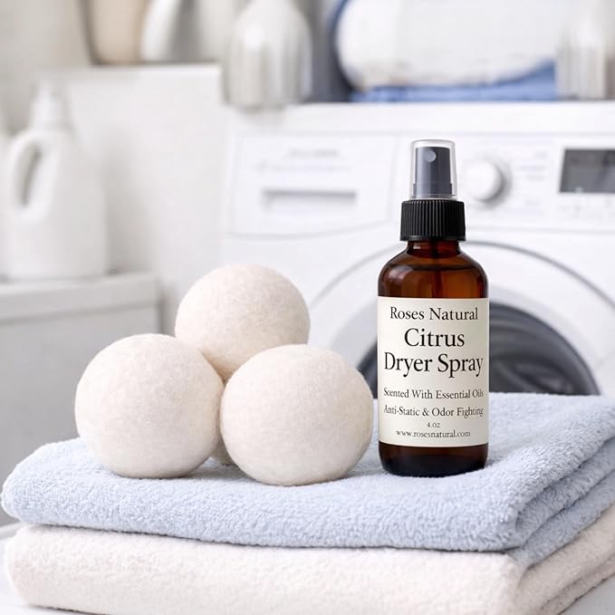 Wool Dryer Balls & Dryer Spray Bundle – 3 Reusable Dryer Balls + Plant-Based Essential Oil Dryer Spray, Natural Fabric Freshener, Anti-Static & Odor Fighting (Citrus)