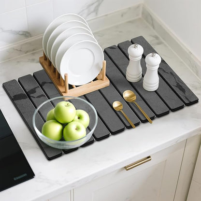 Large Stone Dish Drying Mat for Kitchen Counter, 2PCS Quick Dry Stone Dishes Mat,Foldable Water Absorbing Diatomaceous Drying Organizer Pad for Plates Rack Bottles Utensils(Dark Gray 24"×16" & 8"x4")