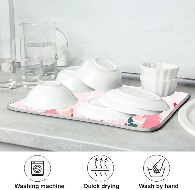 Christmas Tree Pink Dish Drying Mat for Kitchen Countertop 16x18 Winter Snowflake White Xmas Small Drying Mat Reusable Quick Dry Dish Sink Mats Easy Clean Decorative Essentials
