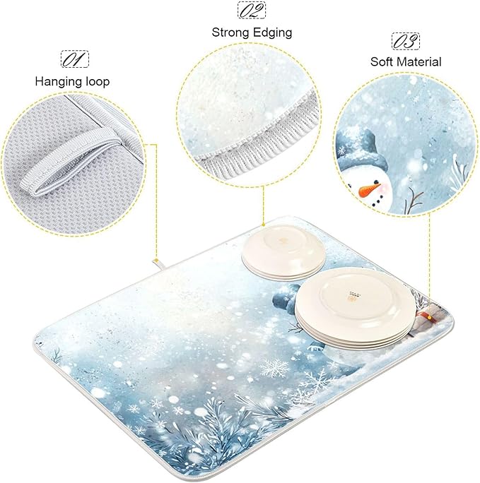 Winter Snowman Silver Dish Drying Mat for Kitchen Countertop 16x18 Christmas Snowflake White Xmas Small Drying Mat Reusable Quick Dry Dish Sink Mats Easy Clean Decorative Essentials