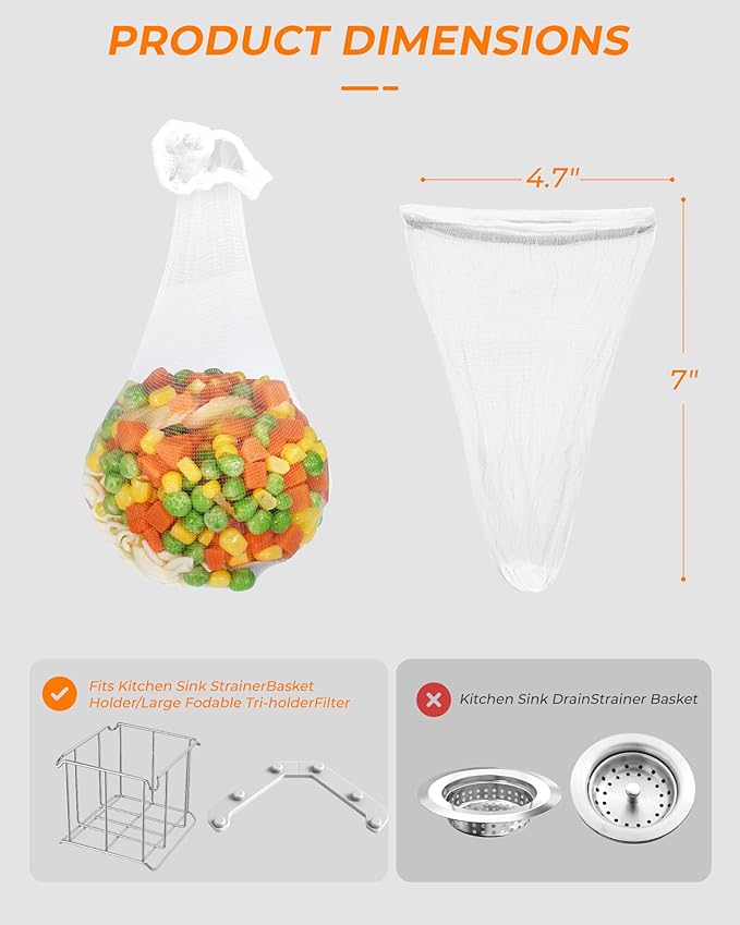 KONE Kitchen Sink Strainer Mesh Bag- 200 PCS Large Disposable Sink Net Strainer Filter Bags for Collecting Kitchen Food Waste Leftover Garbage,Fits Deep Sink Strainer Basket