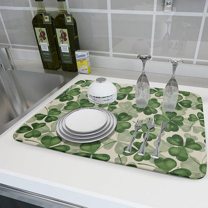 St Patrick's Day Dish Drying Mat for Kitchen Counter 18x24 Saint Patricks Clover Shamrock Green Print Absorbent Reversible Microfiber Drying Mats Kitchen Countertop Protector Dishes Drainer Rack Pad