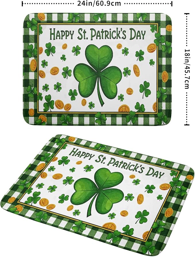 Happy St. Patrick's Day Green Dish Drying Mat 18 x 24 Inch With Absorbent Reversible Microfiber Lucky Clover Shamrock Buffalo Check Plaid Drying Spring Dish Drainer Mat Fast Dry For Kitchen