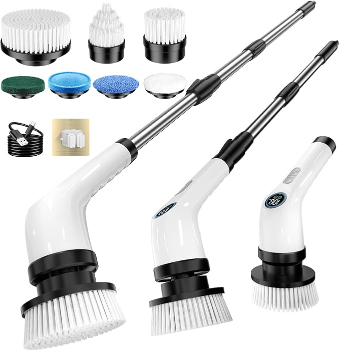 Electric Spin Scrubber, Full-Body IPX7 Waterproof Cordless Power Cleaning Brush with Adjustable Extension Handle, 2-Speed Shower Scrubber with 7 Replaceable Brush Heads for Bathroom, Kitchen Cleaning