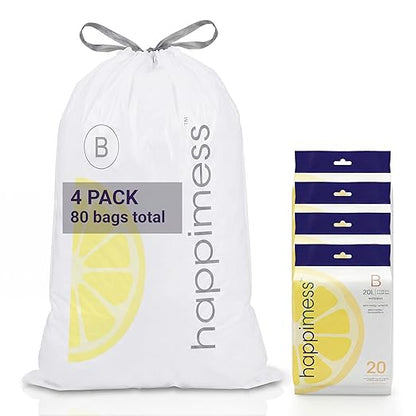 happimess 5.3 Gallon (20L) Drawstring Trash Bags, Lemon Scent, White, Heavy Duty MDPE Liners for Kitchen and Household, Odor Control, Custom Fit 80 Count (4 Packs of 20 Liners) HPM3100B-W-4SET