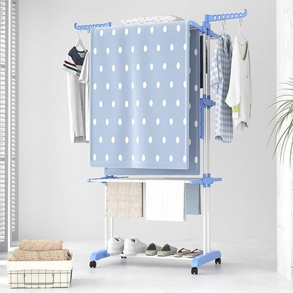 HOMIDEC Clothes Drying Rack, Large 4-Tier Foldable Drying Rack Clothing (67.7H x 19.7W x 30L Inches), Movable with 4 Castors. Multifunctional Stainless Steel Laundry Drying Rack, Blue