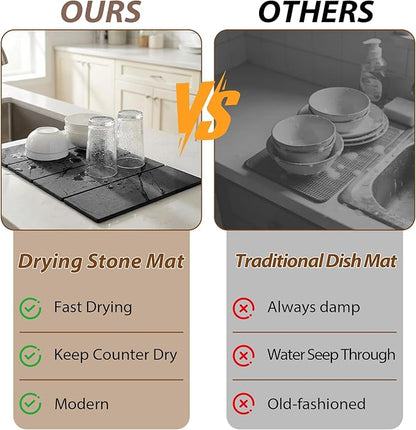 Large Stone Dish Drying Mat for Kitchen Counter,24"(L)×16"(W),Quick Dry Super Absorbent Drying Matt Kitchen Counter,Collapsible Diatomaceous Earth Dish Mats,for Dishes Bottles Cups,Any Countertop