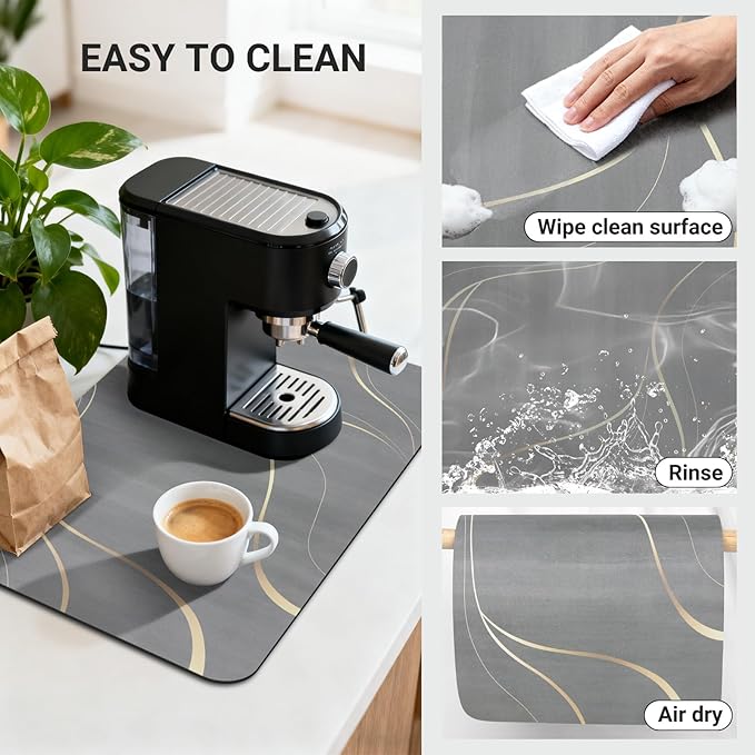 Coffee Mat 24x16 Inch, Light Gray Streamline Coffee Pot Mat, Absorbent Hide Stain Rubber Backed Dish Drying Mat for Kitchen Counter, Mat for Countertops, Under Coffee Maker Machine Bar Espresso Staion
