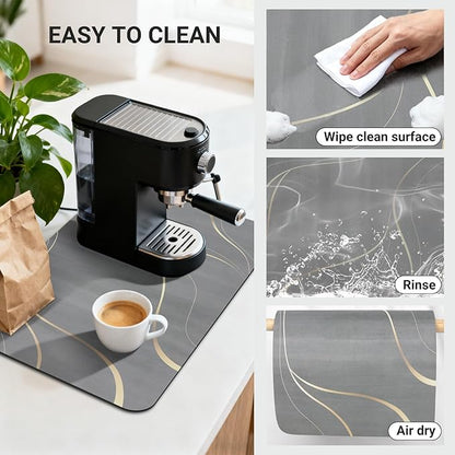 Coffee Mat 24x16 Inch, Light Gray Streamline Coffee Pot Mat, Absorbent Hide Stain Rubber Backed Dish Drying Mat for Kitchen Counter, Mat for Countertops, Under Coffee Maker Machine Bar Espresso Staion