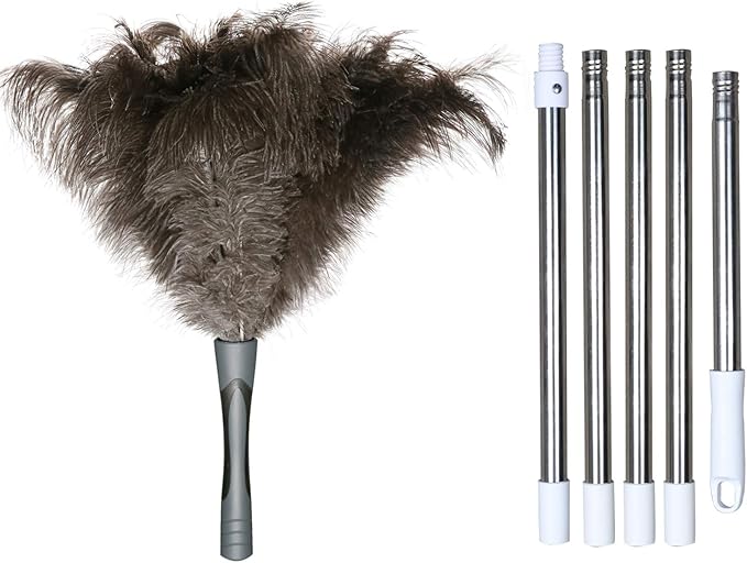 Gray Ostrich Feather Duster with 71 Inch Extendable Pole, Microfiber Duster for Home Cleaning