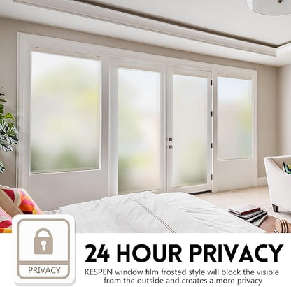 KESPEN Window Privacy Film Frosted Glass Heat Control UV Blocking Privacy Window Film for Glass Windows Static Cling Non-Adhesive Door Coverings Decals for Bathroom Home Office, 35.4 Inch X 16.4 Feet
