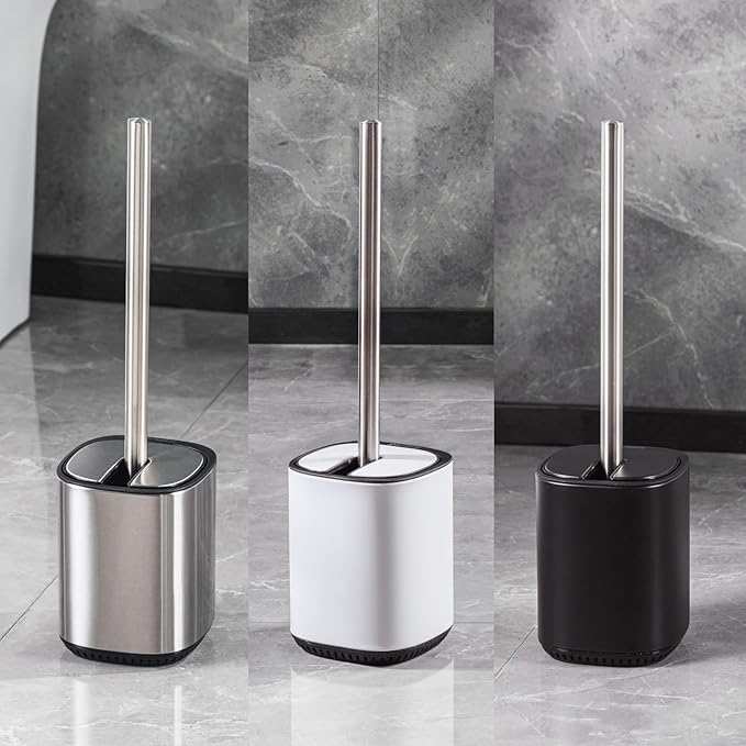 Toilet Brush and Holder Set Durable Toilet Scrubber Sleek Toilet Bowl Brush Stainless Steel Bathroom Toilet Brush Set with Lid Toilet Cleaning Brush 2 Pack(2, White)