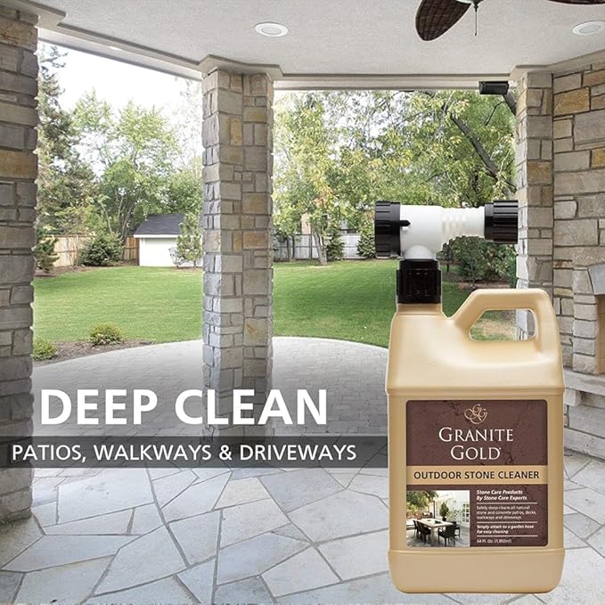 Granite Gold Outdoor Stone & Concrete Cleaner, Deep Cleans Patios, Decks, Driveways, & Walkways, Safe for Plants, Pets, & Home Exteriors, Garden Hose Attachment Included for Easy Cleaning, 64 Fl Oz