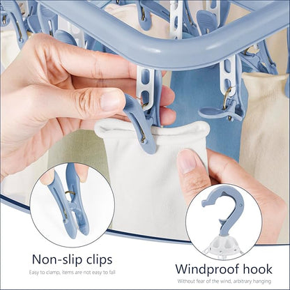 Aolloa Clothes Drying Rack with 32 Clothespins, Bule Foldable Hanging Drying Racks, 360° Rotatable Hook for Drying Towels Bras Baby Clothes Gloves Plastic, Clothes Drying Foldable-Bule