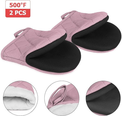 Short Oven Mitts, Heat Resistant 500°F, Silicone Grip Kitchen Gloves, Non-Slip for Baking, Grilling, BBQ, Machine Washable with Hanging Loop, 2-Pack Set, Light Pink