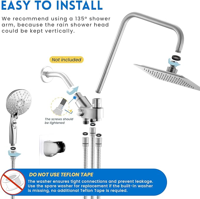 Ryamen Dual Shower Head Combo, 8'' High Pressure Rain Shower Head with Handheld Spray, 6 Settings Handheld Showerhead, 15" Height Adjustable Slide Bar, Angle Adjustable, Chrome Polished