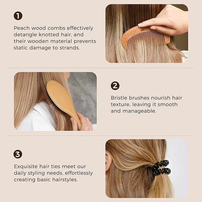BLACK EGG Boar Bristle Hair Brush for Women Men Kid, Soft Natural Bristles Brush for Thin and Fine Hair, Restore Shine and Texture, Set includes Bamboo comb and 3 hair ties, Excellent Gift Idea