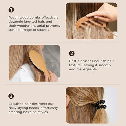 BLACK EGG Boar Bristle Hair Brush for Women Men Kid, Soft Natural Bristles Brush for Thin and Fine Hair, Restore Shine and Texture, Set includes Bamboo comb and 3 hair ties, Excellent Gift Idea