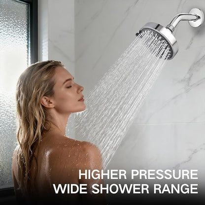 High Pressure Shower Head - Adjustable Bathroom Fixed Rain Showerhead with Swivel Brass Ball Joint, Self-cleaning Nozzles (5-Mode, 4 Inch Chrome)
