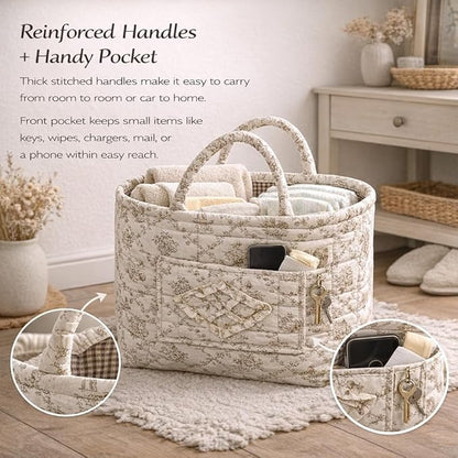 Quilted Laundry Basket with Handles,Boho Quilted Floral Storage Basket with Handles & Pocket,Foldable Cotton Fabric Organizer Tote for Car, Nursery, Laundry, Toys, Picnic, Closet (Lace blue)