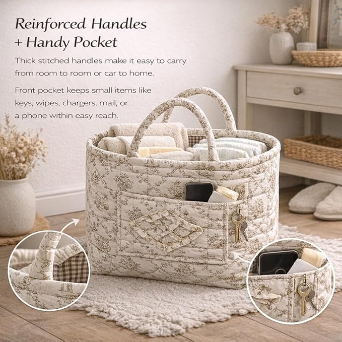 Quilted Laundry Basket with Handles,Boho Quilted Floral Storage Basket with Handles & Pocket,Foldable Cotton Fabric Organizer Tote for Car, Nursery, Laundry, Toys, Picnic, Closet (Vine blue)