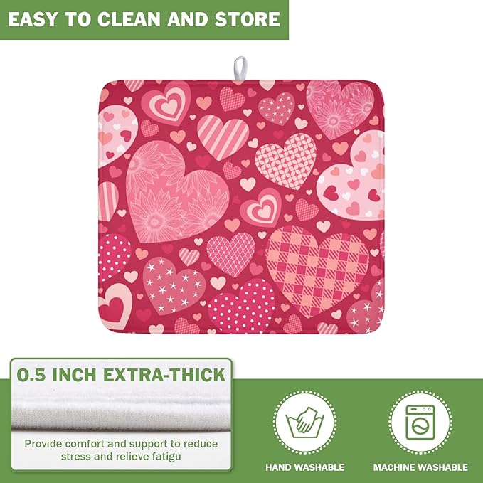Valentine's Day Dish Drying Mat 16 x 18 Inch Heart Shaped Pattern Dish Drying Pad Absorbent Microfiber Mats for Red Dish Rack Pad for Kitchen Counter Coffee Bar Decor