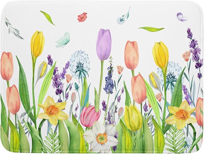 Aportt Spring Floral Dish Drying Mat With Absorbent Reversible Microfiber Watercolor Tulip Lavender Flower Drying Mats 18 x 24 Inch Dish Drainer Mat Fast Dry For Kitchen Dining Room